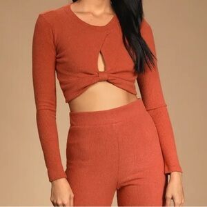 Lulus You Gotta Chill Rust Orange Knot Front Crop Top Size Small
